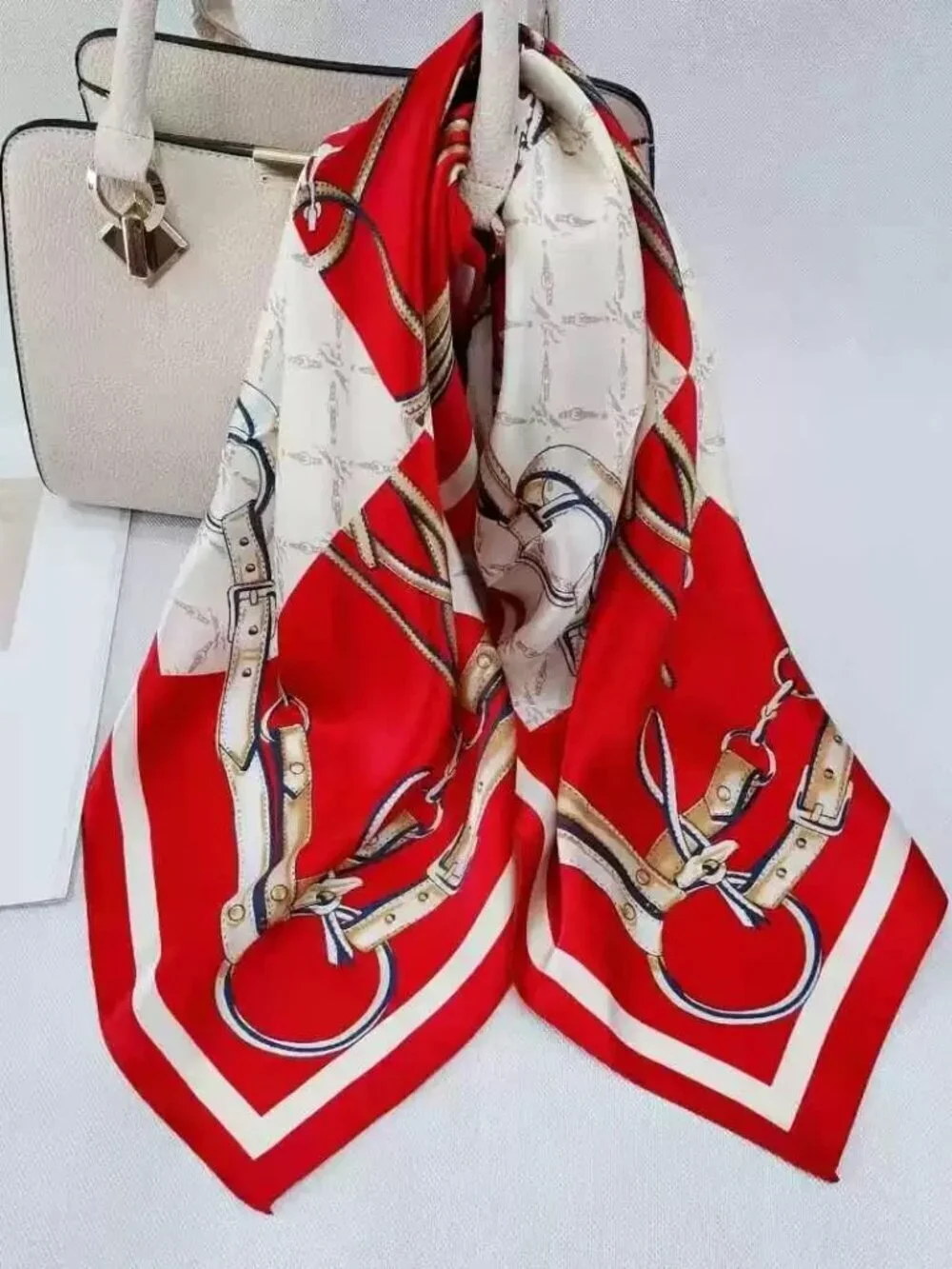 Women's Dark Red creamy White Square Scarf Hair Digital Printed Headscarf Silk
